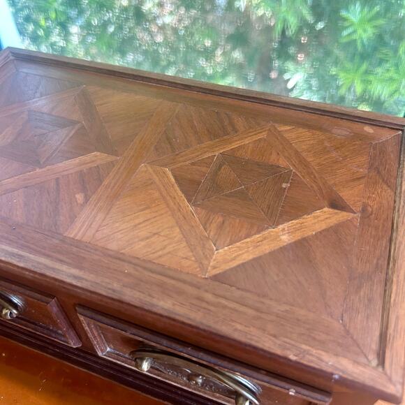 Vintage Wooden Parquet Style Two-Drawer Jewelry Trinket Box with Brass Pulls - Picture 2 of 16